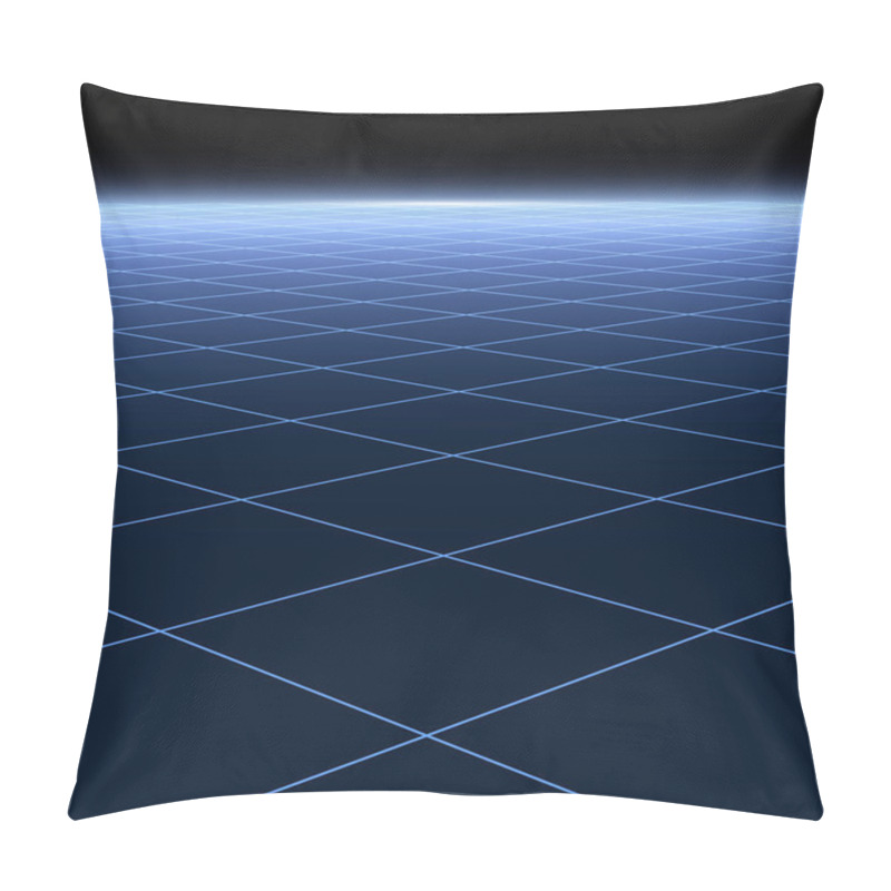 Personality  Abstract Background With Perspective. Digital Futuristic Design. Grid Neon Surface With Blue Glowing Effect. Pillow Covers