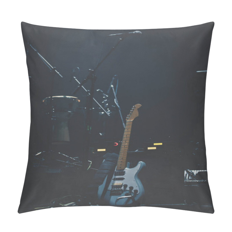 Personality  Professional Electric Guitar On Stand In Night Club.Rock Concert Gig In Music Hall.Stage Equipment For Rock Band.Electric Guitar For Club Live Performance.Play Guitars On Scene Pillow Covers