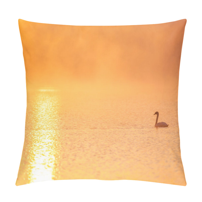 Personality  Beautiful View Of The Sunrise In Morning Fog On The Lake With The Silhouette Of A Swan Pillow Covers