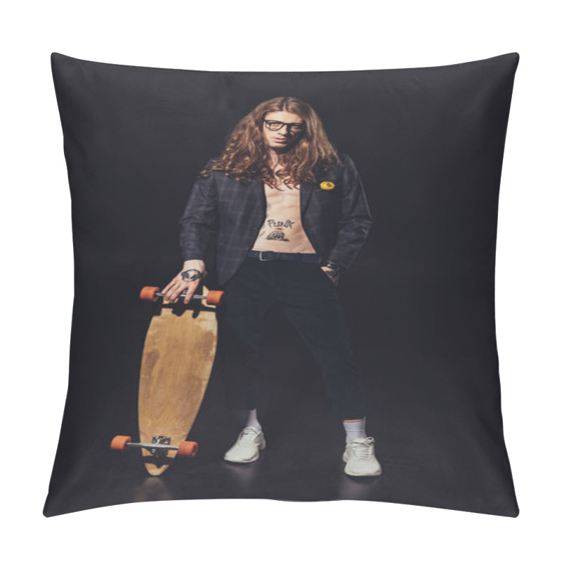 Personality  Stylish Tattooed Skater Posing With Longboard, On Black Pillow Covers