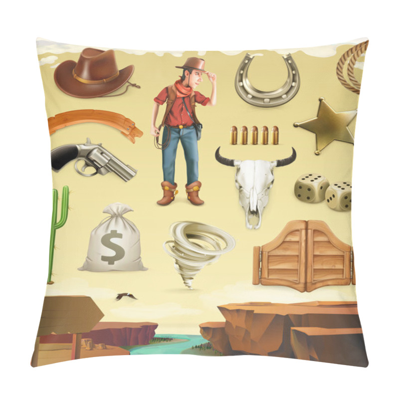 Personality  Cowboy Cartoon Character And Objects. Western Adventure. 3d Vector Icon Set Pillow Covers