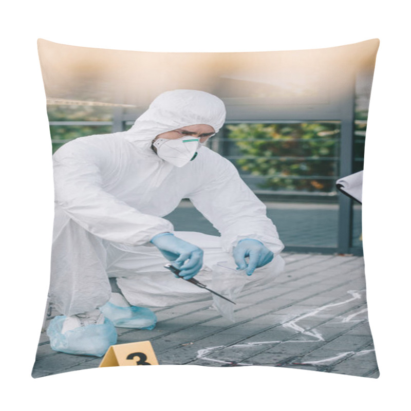 Personality  Criminologist In Protective Suit And Latex Gloves Taking Knife Into Flask At Crime Scene Pillow Covers