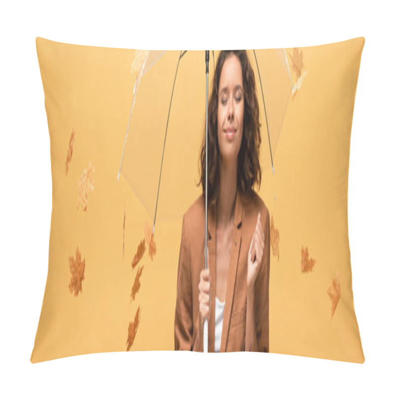 Personality  Panoramic Shot Of Happy Curly Woman In Brown Jacket With Closed Eyes Holding Umbrella In Falling Golden Maple Leaves Isolated On Yellow Pillow Covers