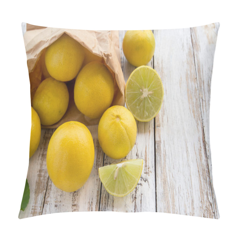 Personality  Freshly Lemons In Paper Bag On White Wooden Table Pillow Covers