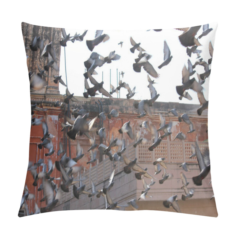 Personality  Many Pigeons Flying On The Background Of The Roofs Of Ancient Buildings Of Jaipur Pillow Covers