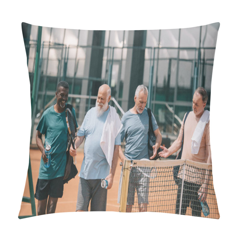 Personality  Portrait Of Smiling Multiracial Elderly Friends With Tennis Equipment On Court Pillow Covers