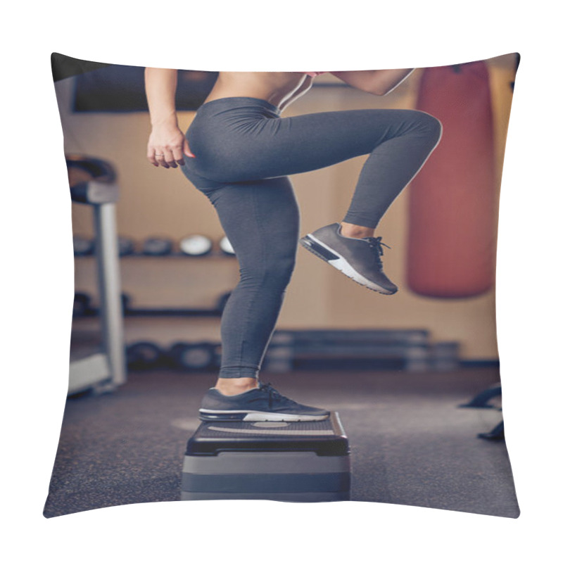 Personality  Caucasian Blonde Woman Exercises On Steps . Gym Interior, Healthy Lifestyle Concept. Pillow Covers