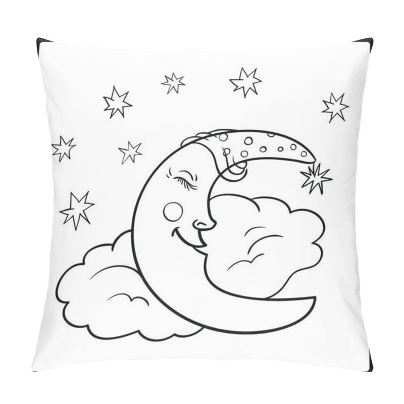 Personality  Moon, A Graphical Outline. Moon Sleeping On A Cloud With Stars In The Night Sky. Vector Illustration Cute Cartoon Moon Pillow Covers