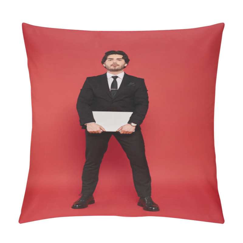 Personality  With Determination In His Eyes, A Young Man Stands Strong In A Suit, Clutching A Laptop. Pillow Covers