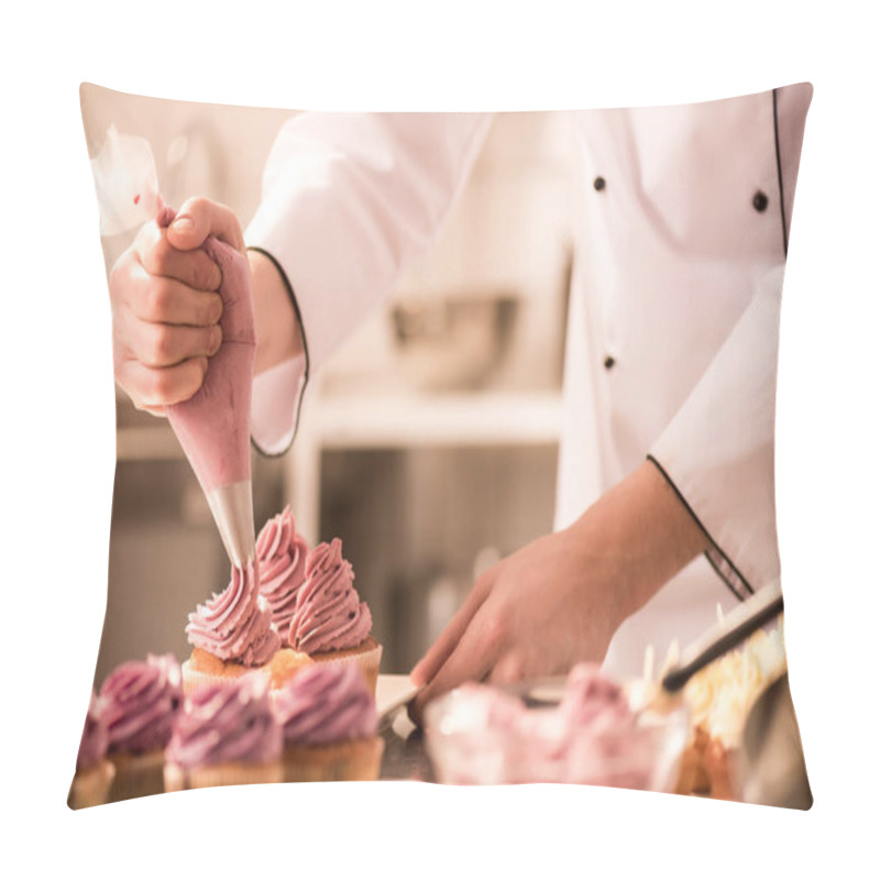 Personality  Cropped Shot Of Confectioner Putting Cream On Cupcakes Pillow Covers