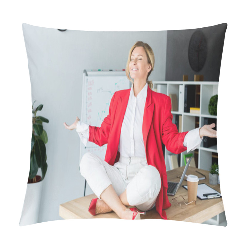 Personality  Happy Attractive Businesswoman Meditating In Lotus Pose On Table In Office Pillow Covers