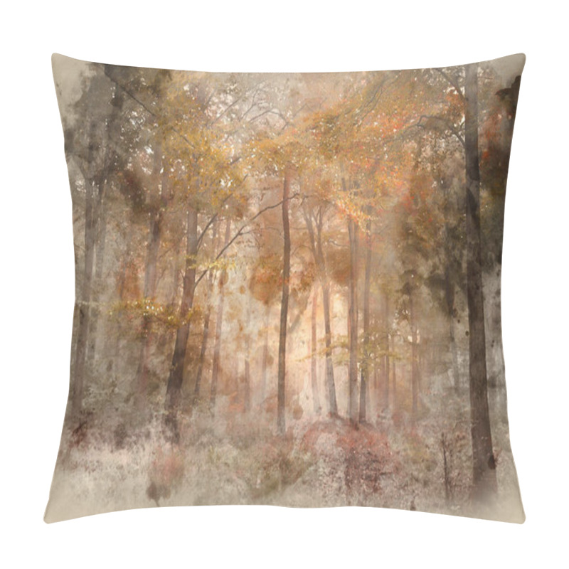 Personality  Watercolour Painting Of Stunning Vibrant Evocative Autumn Fall Foggy Forest Landscape Pillow Covers