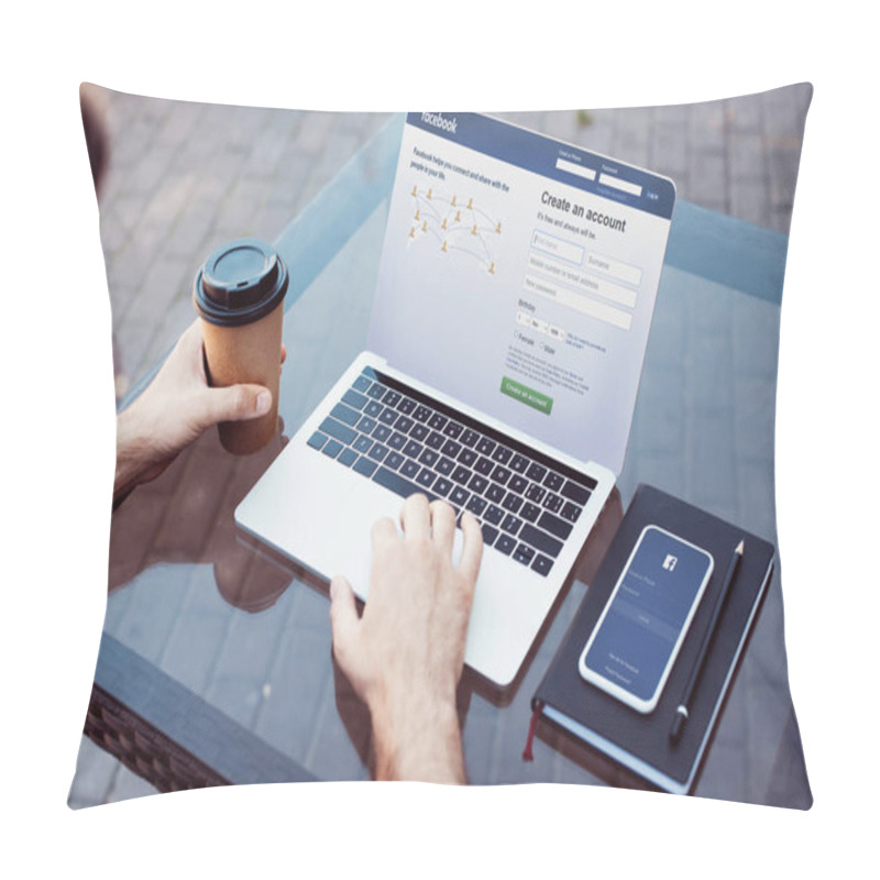 Personality  Cropped Image Of Man Using Laptop With Loaded Facebook Page On Table At Street Pillow Covers