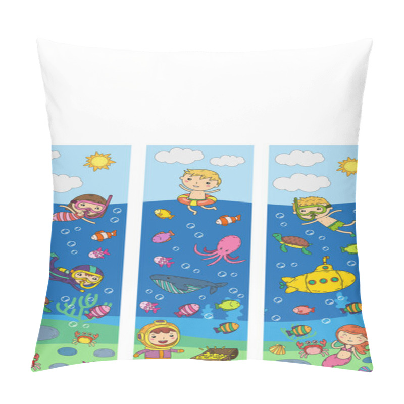 Personality  Underwater. Kids Waterpark. Sea And Ocean Adventure. Summertime. Kids Drawing. Doodle Image. Cartoon Creatures With Children. Boys And Girls Swimming Pillow Covers