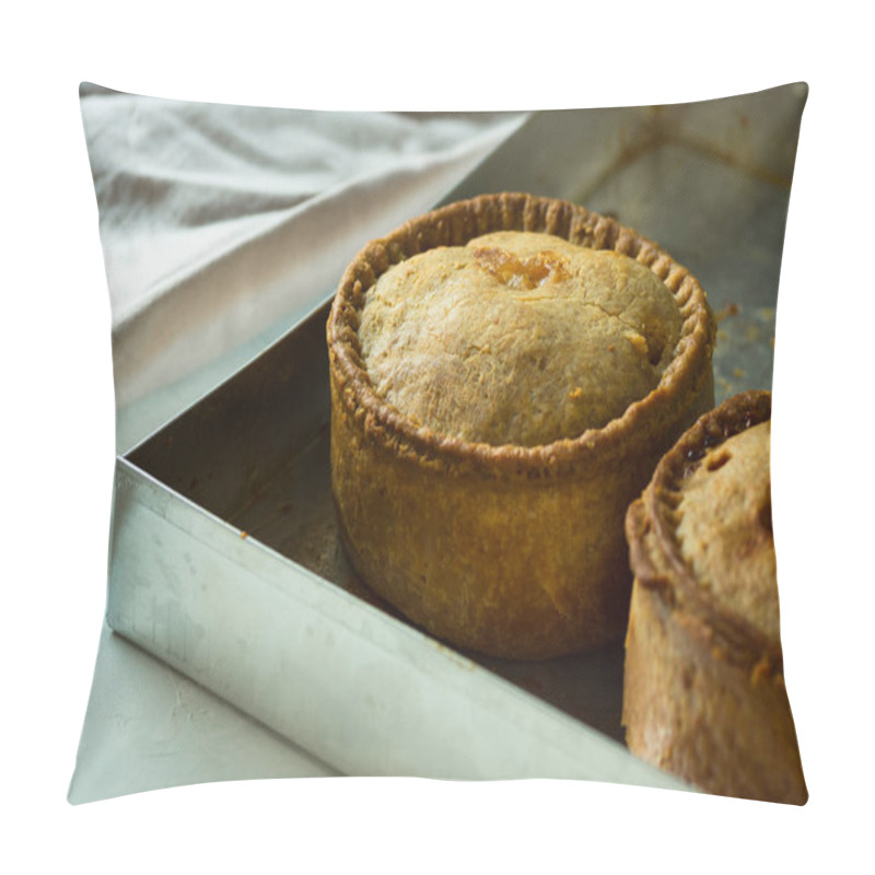 Personality  Freshly Baked Homemade Pork Pies With Golden Crust On Aluminum Baking Tray, Close Up Pillow Covers