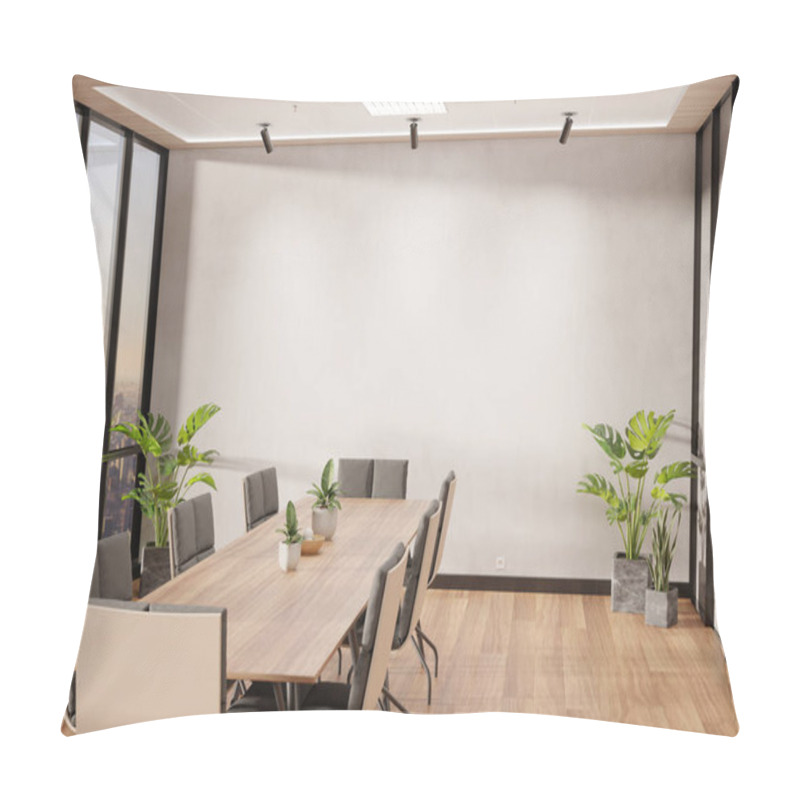 Personality  Blank Wall Mockup In Bright Wooden Office With Large Windows And Sun Passing Through. Empty Company Meeting Room 3D Rendering Pillow Covers