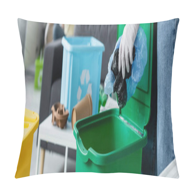 Personality  Cropped View Of Woman Holding Plastic Bags Near Trash Cans At Home, Banner  Pillow Covers