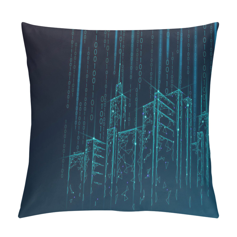 Personality  Low Poly Smart City 3D Wire Mesh. Intelligent Building Automation System Business Concept. Binary Code Number Data Flow. Architecture Urban Cityscape Technology Sketch Banner Vector Illustration Pillow Covers