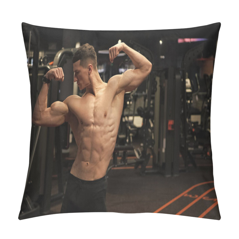 Personality  Strong Man With Fit Torso Flexing Arms Muscles Standing In Double Biceps Pose In Gym, Strength. Pillow Covers