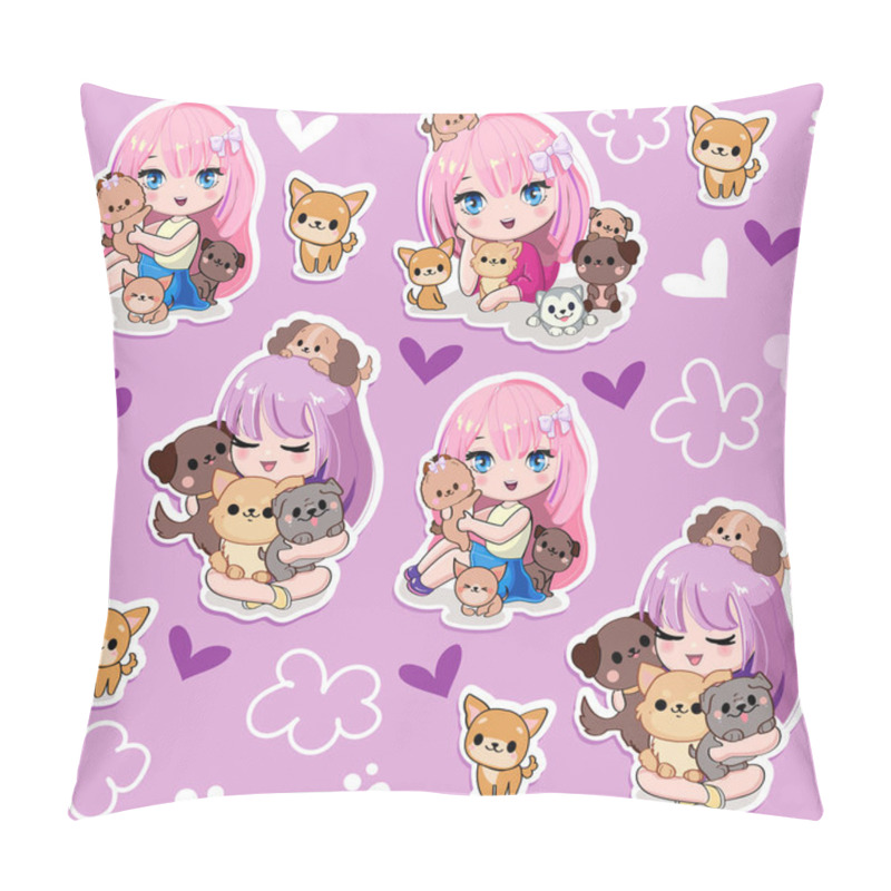 Personality  Cute Cartoon Anime Girls With Little Kittens And Dogs Seamless Pattern On A Purple Background. Vector Illustration Print In Kawaii Style Pillow Covers