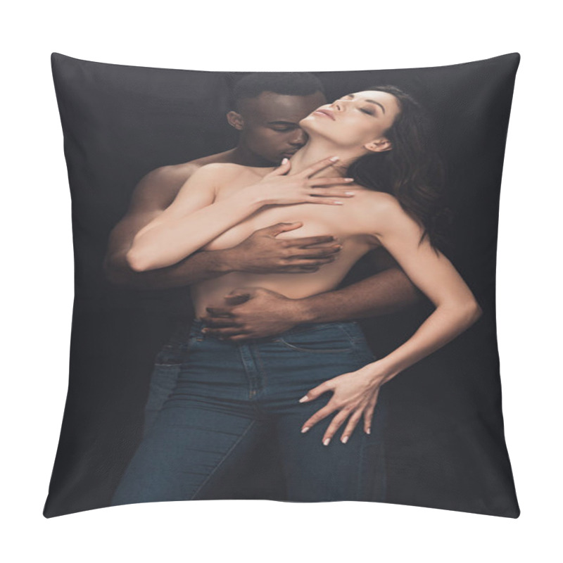 Personality  Beautiful Half-naked Interracial Couple Passionately Embracing Isolated On Black Pillow Covers