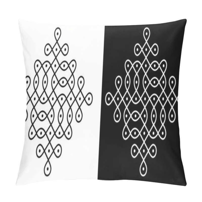 Personality  Indian Traditional And Cultural Rangoli Or Kolam Design Concept Of Curved Lines And Dots Isolated On Black And White Background - Vector Illustration Pillow Covers