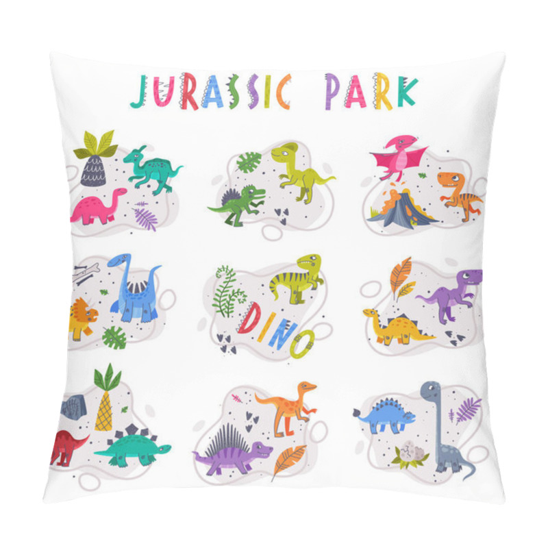 Personality  Jurassic Park Composition With Funny Dinosaurs As Cute Prehistoric Creature And Comic Predator Vector Set Pillow Covers