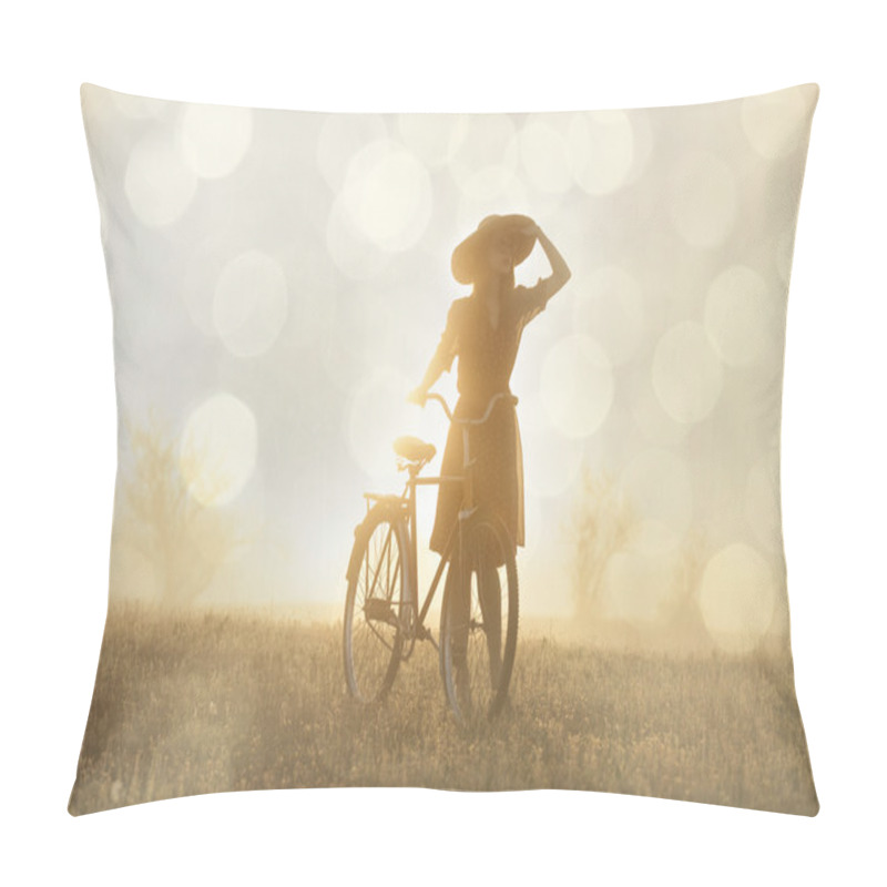 Personality  Girl On A Bike In The Countryside In Sunrise Time Pillow Covers