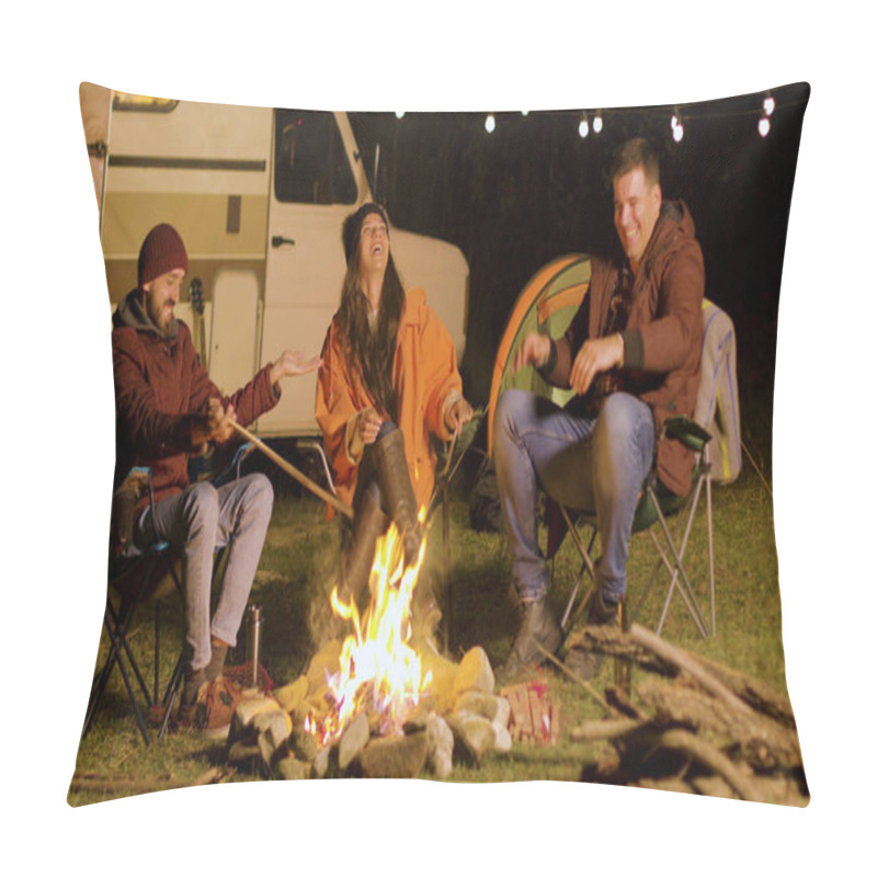 Personality  Bearded Man Telling A Funny Joke To His Friends Around Camp Fire Pillow Covers