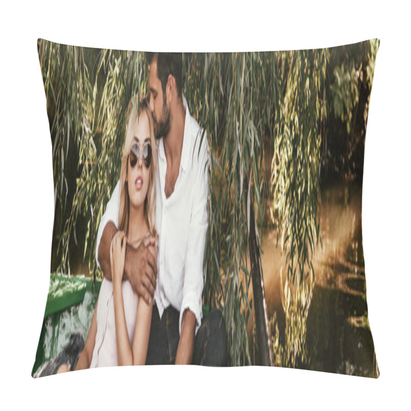 Personality  Panoramic Shot Of Handsome Man Embracing Attractive Boyfriend While Sitting In Boat On Lake Pillow Covers