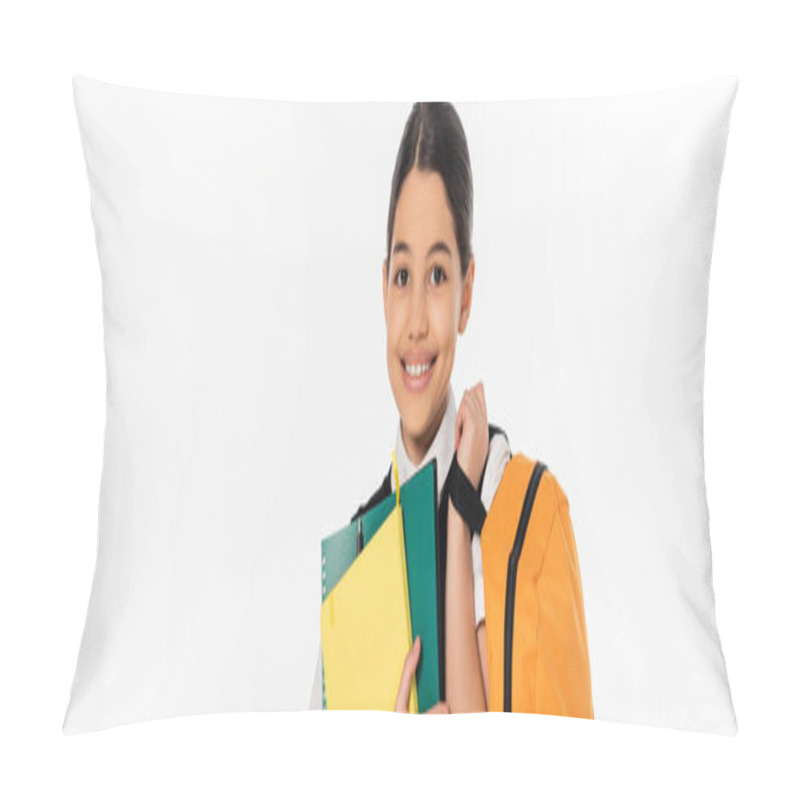 Personality  Happy Schoolgirl Standing With Notebooks In And Backpack In Hands, New School Year Concept, Banner Pillow Covers