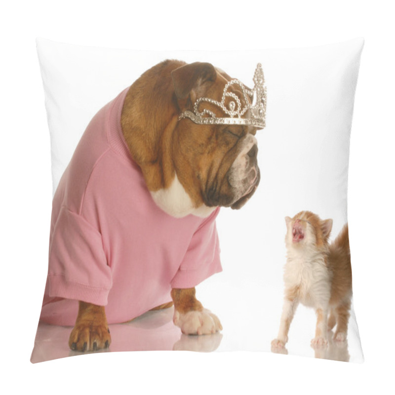 Personality  Spoiled English Bulldog With Annoyed Kitten Pillow Covers