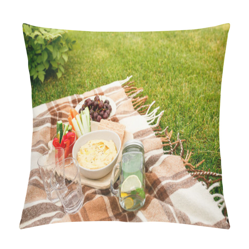 Personality  Picnic On The Grass In The Park, On A Checkered Brown Plaid Snacks, Vegetables, Fruits, Water In The Bank And Glasses, Without People. Pillow Covers