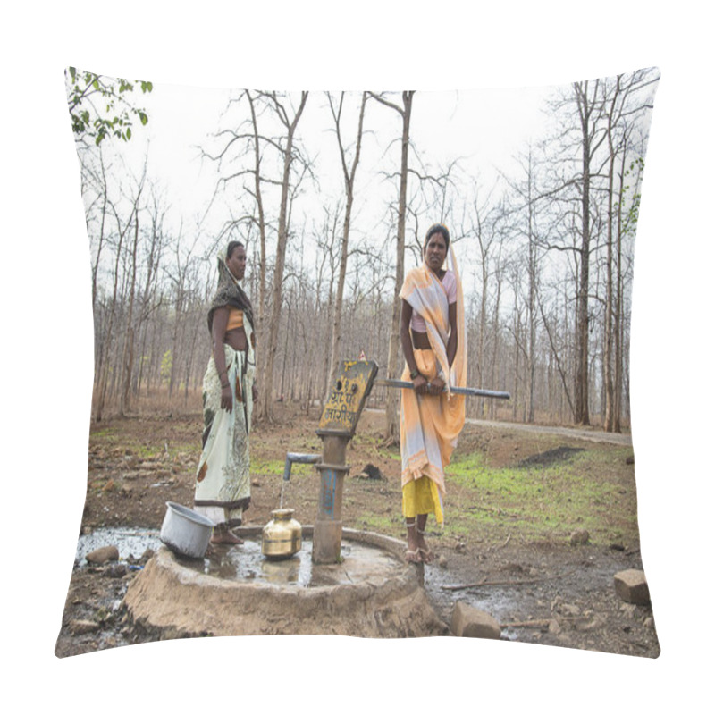 Personality  AMRAVATI, MAHARASHTRA, INDIA, 11 JUNE 2017 : Unidentified Rural Indian Women Carry Water On Their Heads In Traditional Pots From Hand Pump, Everyday Women Walk Few Kilometers To Get It Due To Drought. Pillow Covers