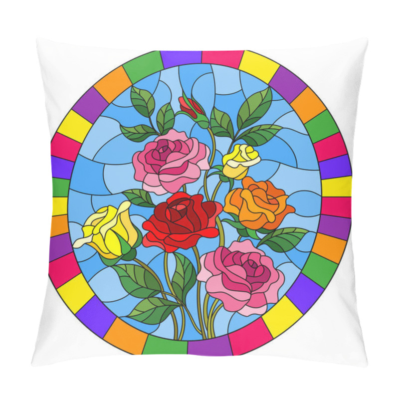 Personality  Illustration In Stained Glass Style With A Bouquet Of Roses On A Blue Background In A Bright Frame,oval  Image Pillow Covers