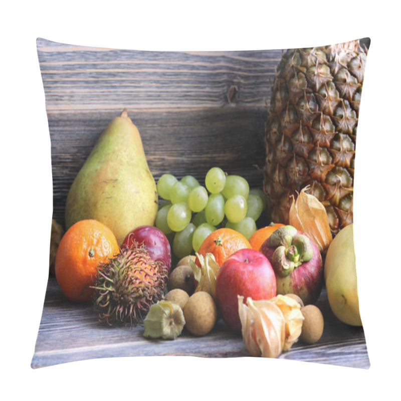 Personality  Fresh Fruits On Dark Wooden Background With Copy Space, Exotic Fruits Pillow Covers