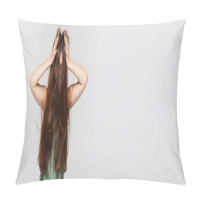 Personality  Young Woman Adjusting Tangled Long Hair Isolated On Grey, Banner Pillow Covers