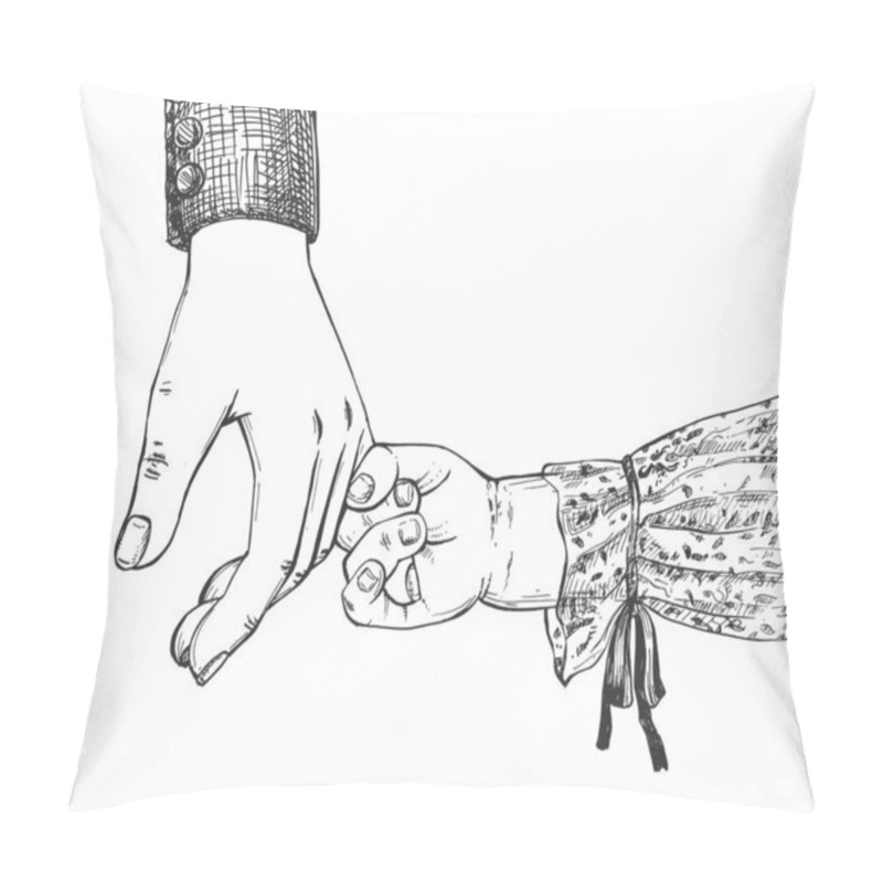 Personality  Vector Illustration Of Childhood Care, Parenting, Family. Child Hand Holding Dad Finger. Happy Father Day. Vintage Hand Drawn Style. Pillow Covers