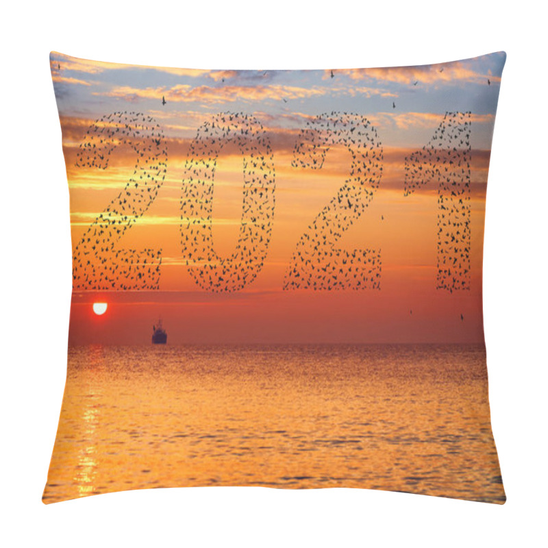 Personality  2021 Happy New Year Concept. Silhouetteof  Flying Birds At Sunset Sky  Pillow Covers