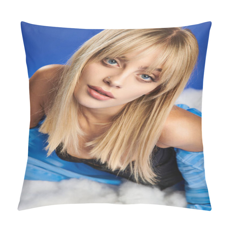 Personality  A Mesmerizing Blonde Woman In Vibrant Attire Laying Peacefully On A Fluffy Cloud In The Sky. Pillow Covers