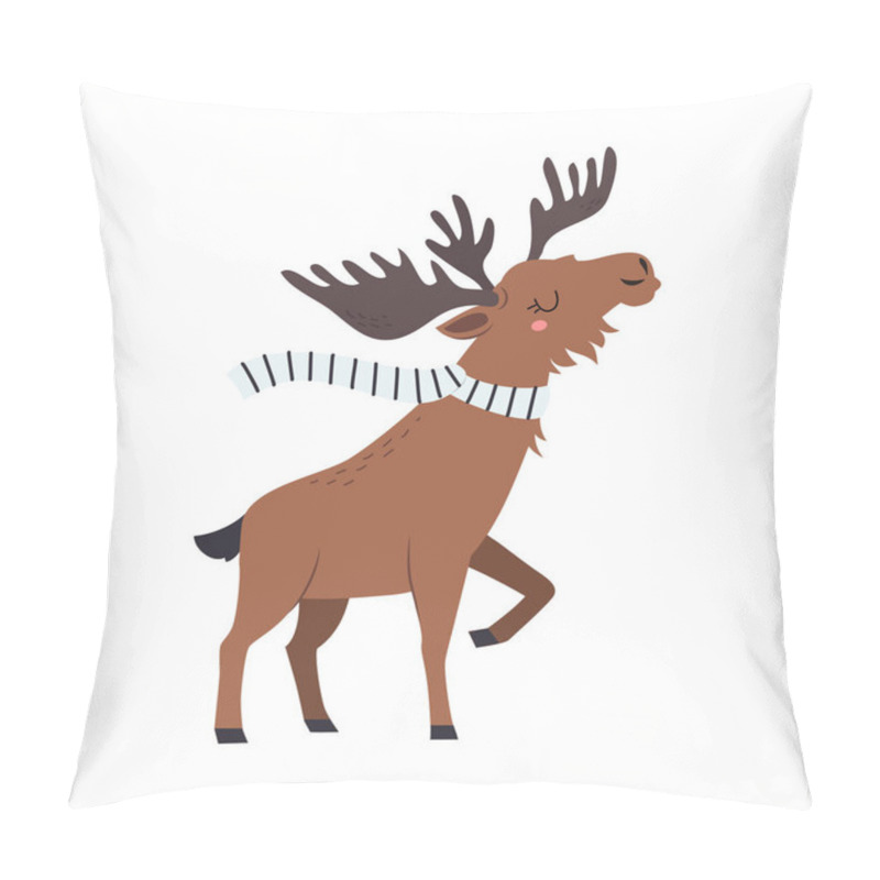 Personality  Cute Moose As Arctic Animal With Horns Wearing Scarf Vector Illustration Pillow Covers