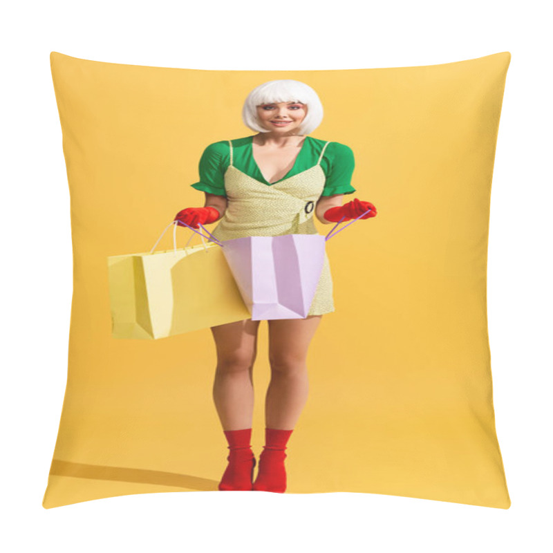 Personality  Smiling Pop Art Girl In White Wig Holding Shopping Bags, On Yellow Pillow Covers