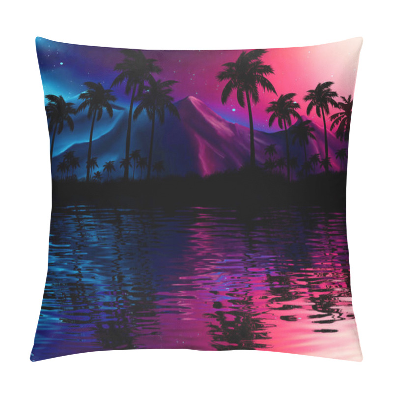 Personality  Night Landscape With Palm Trees, Against The Backdrop Of A Neon Sunset, Stars. Silhouette Coconut Palm Trees On Beach At Sunset. Futuristic Landscape. Neon Palm Tree. Tropical Sunset. Reflection Of Neon Light On The Water. 3D Illustration Pillow Covers