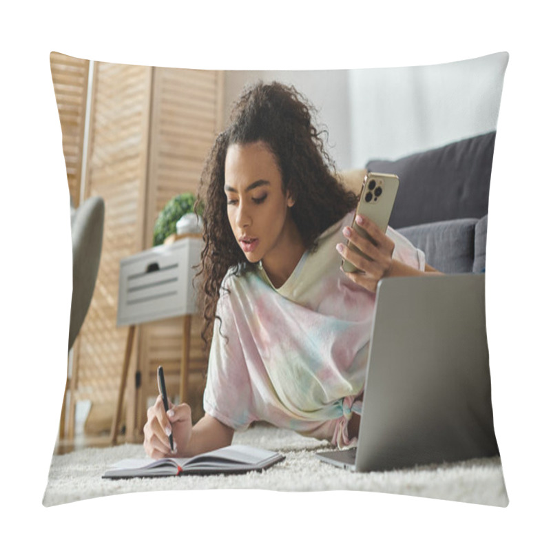 Personality  Woman Laying On Floor Multitasking With Laptop And Cellphone. Pillow Covers