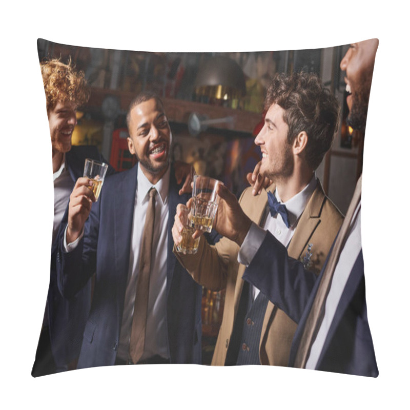 Personality  Bachelor Party, Happy Interracial Men Toasting With Glasses Of Whiskey In Bar, Groom And Best Men Pillow Covers