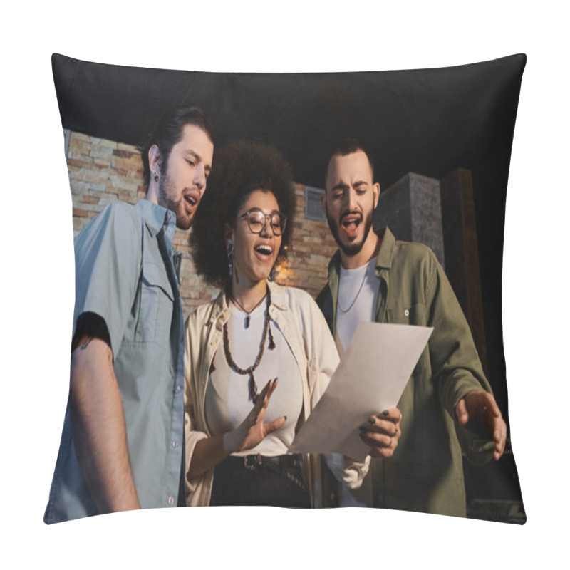 Personality  A Music Band Gathered In A Recording Studio, Attentively Examining A Sheet Of Paper. Pillow Covers