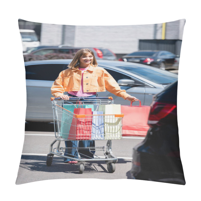 Personality  Selective Focus Of Woman Walking Near Cart With Shopping Bags On Parking   Pillow Covers