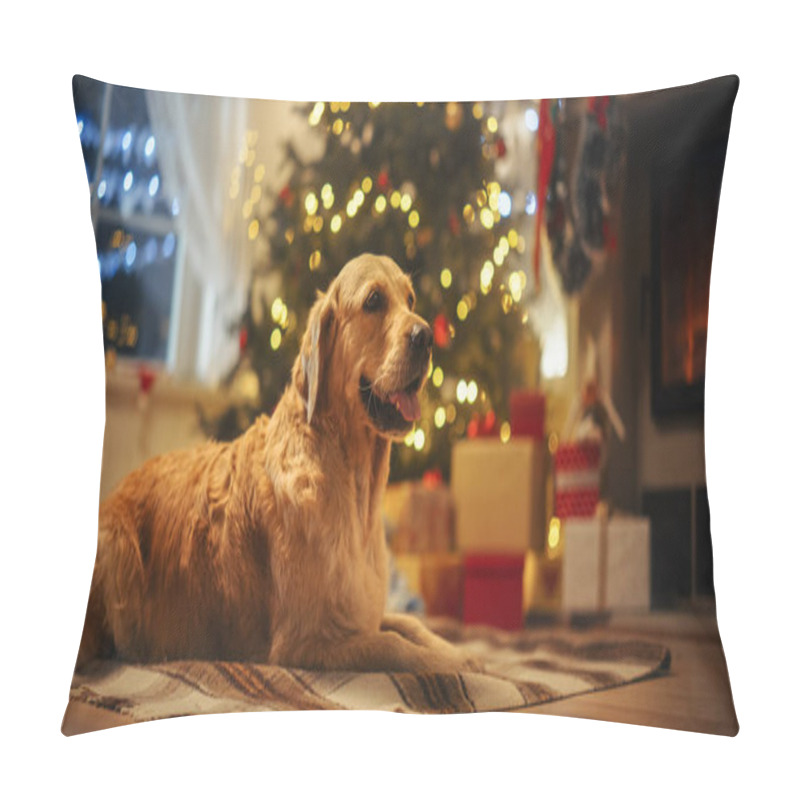 Personality  Cute Purebred Golden Retriever Enjoying The Warmth Inside On A Winter Night: Dog Resting Next To A Fireplace Decorated Christmas Ornaments, Garlands Pillow Covers