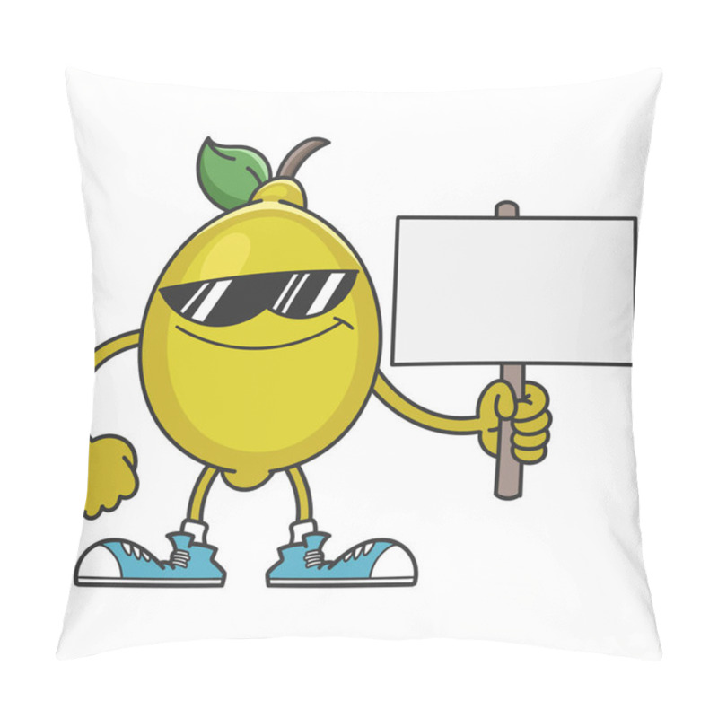 Personality  Lemon With Sunglasses Cartoon Character Holding Sign Isolated On White Pillow Covers