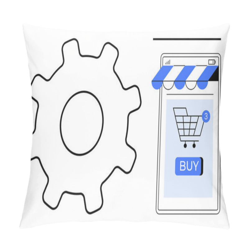 Personality  A Mobile Phone Screen With A Shopping Cart Icon And A Blue Buy Button Next To A Large Gear. Ideal For Online Shopping, Technology, App Development, Ecommerce, User Experience. Modern Flat Style Pillow Covers